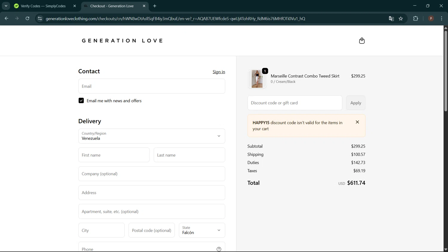 Generation Love Clothing checkout page showing Generation Love Clothing promo code box | Screenshot taken by SimplyCodes community member on Feb 18, 2026