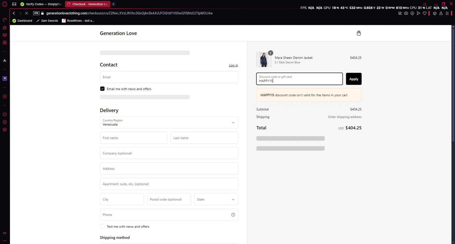 Generation Love Clothing promo code screenshot showing code HAPPY15 applied at Generation Love Clothing checkout page. Uploaded by SimplyCodes community member Franyer on Mar 1, 2025