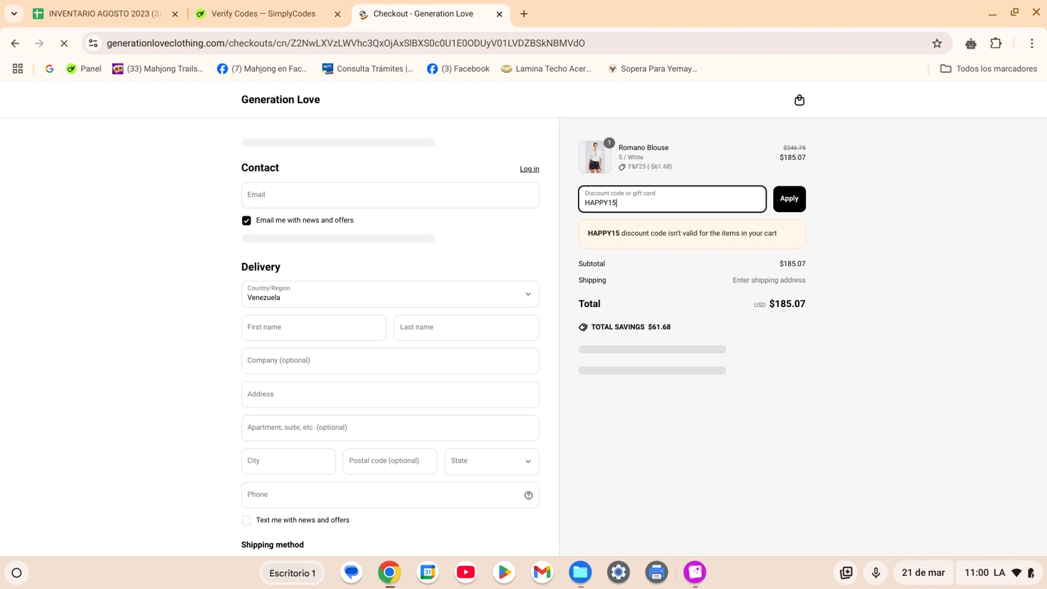 Generation Love Clothing promo code screenshot showing code HAPPY15 applied at Generation Love Clothing checkout page. Uploaded by SimplyCodes community member ShrewdExpert7367 on Mar 21, 2025