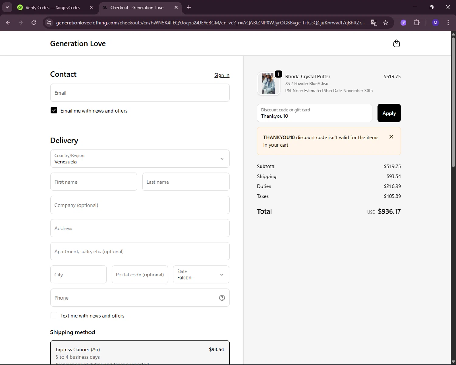 Generation Love Clothing promo code screenshot showing code Thankyou10 applied at Generation Love Clothing checkout page. Uploaded by SimplyCodes community member RewardLynx5307 on Nov 15, 2025