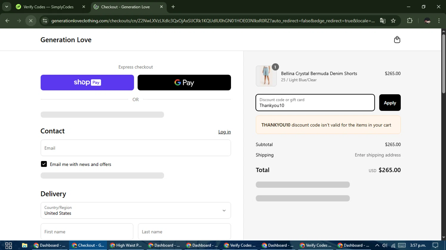 Generation Love Clothing promo code screenshot showing code Thankyou10 applied at Generation Love Clothing checkout page. Uploaded by SimplyCodes community member WonderCurator791 on Apr 8, 2025