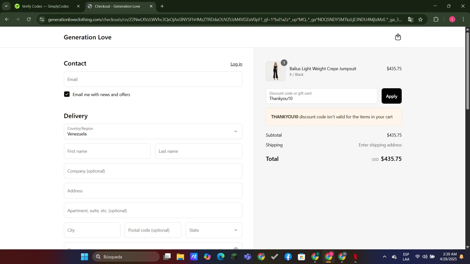 Generation Love Clothing promo code screenshot showing code Thankyou10 applied at Generation Love Clothing checkout page. Uploaded by SimplyCodes community member MightyGuardian8404 on Apr 28, 2025