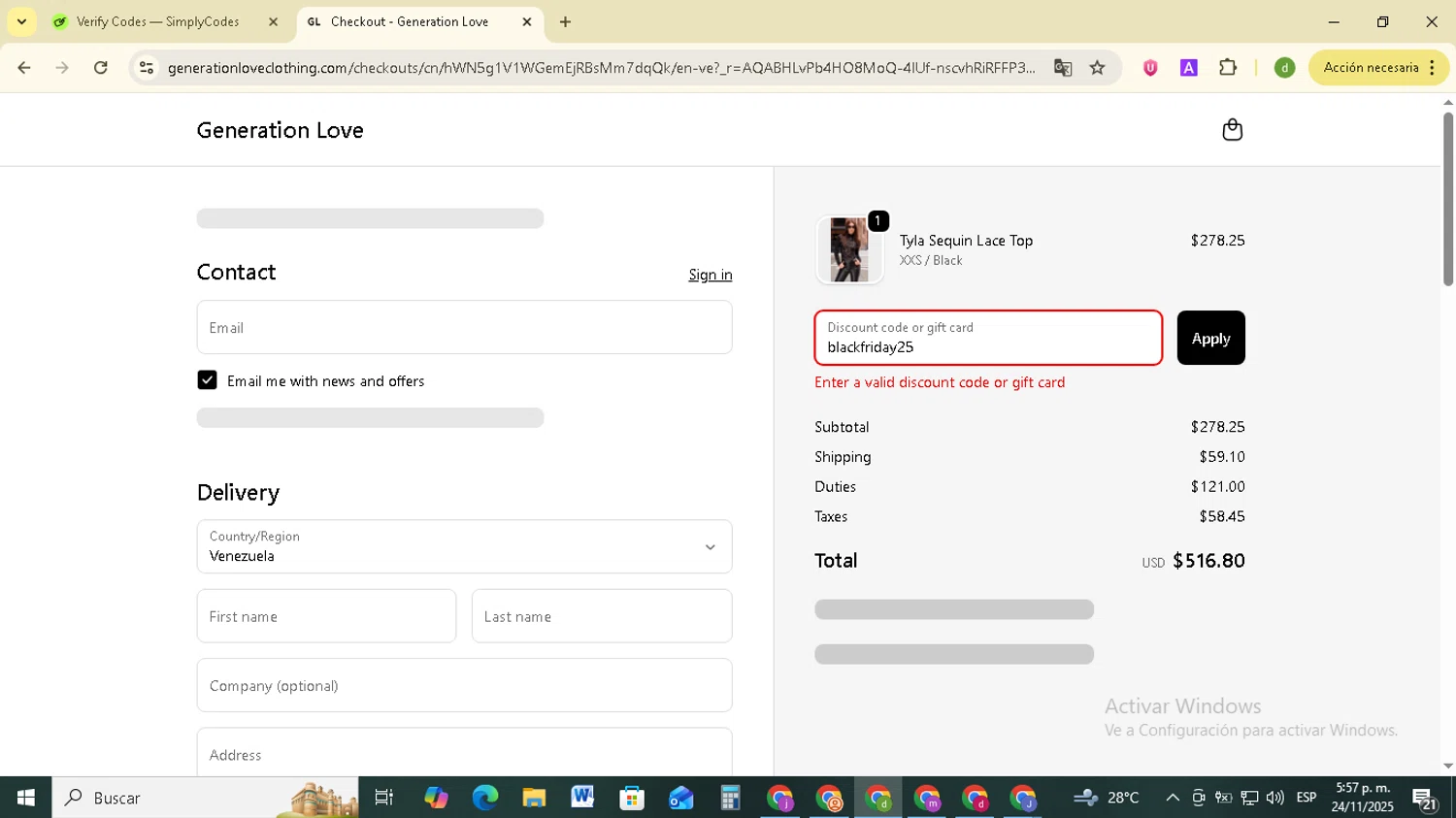 Generation Love Clothing promo code screenshot showing code blackfriday25 applied at Generation Love Clothing checkout page. Uploaded by SimplyCodes community member SavingsSentinel833 on Nov 24, 2025