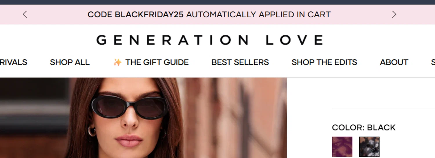 Generation Love Clothing promo code screenshot showing code blackfriday25 applied at Generation Love Clothing checkout page. Uploaded by SimplyCodes community member juanjose on Nov 24, 2025