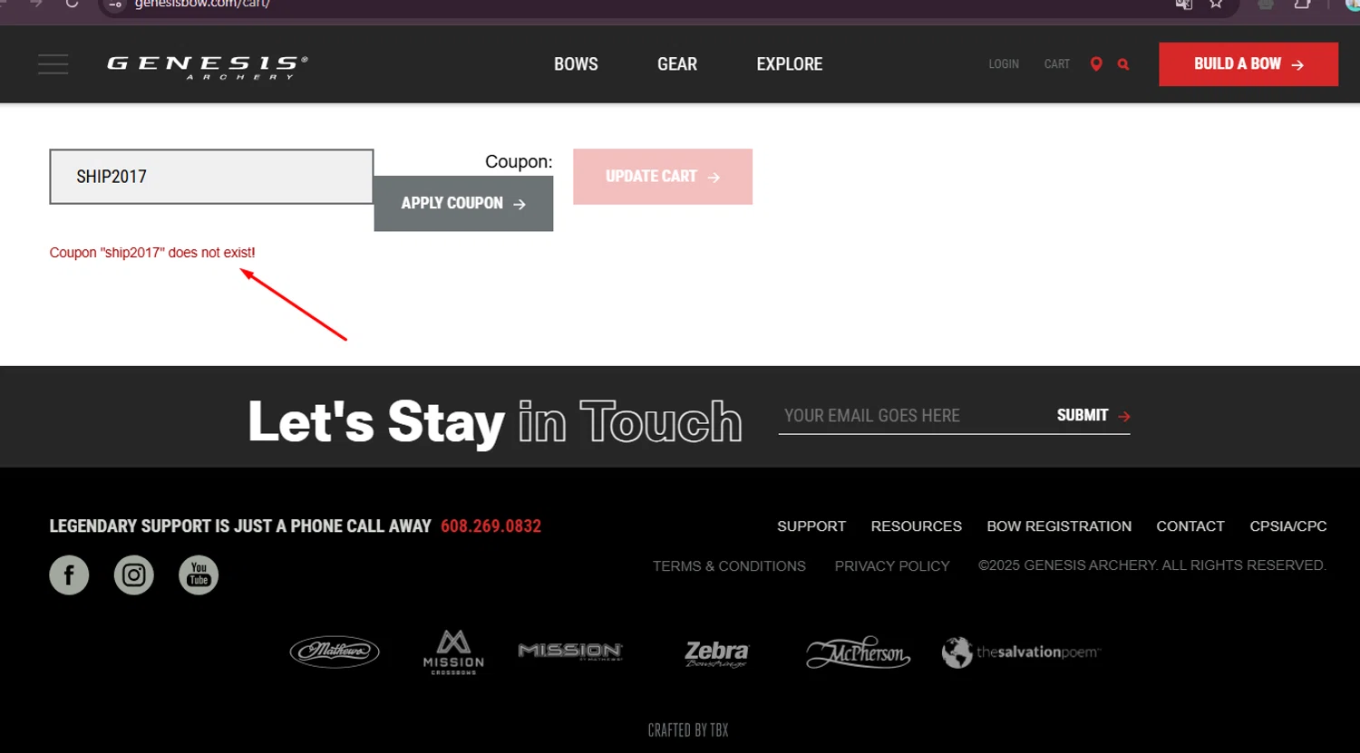 Genesis Archery coupon code screenshot showing code SHIP2017 applied at Genesis Archery checkout page. Uploaded by SimplyCodes community member elgatobravo on Mar 23, 2025