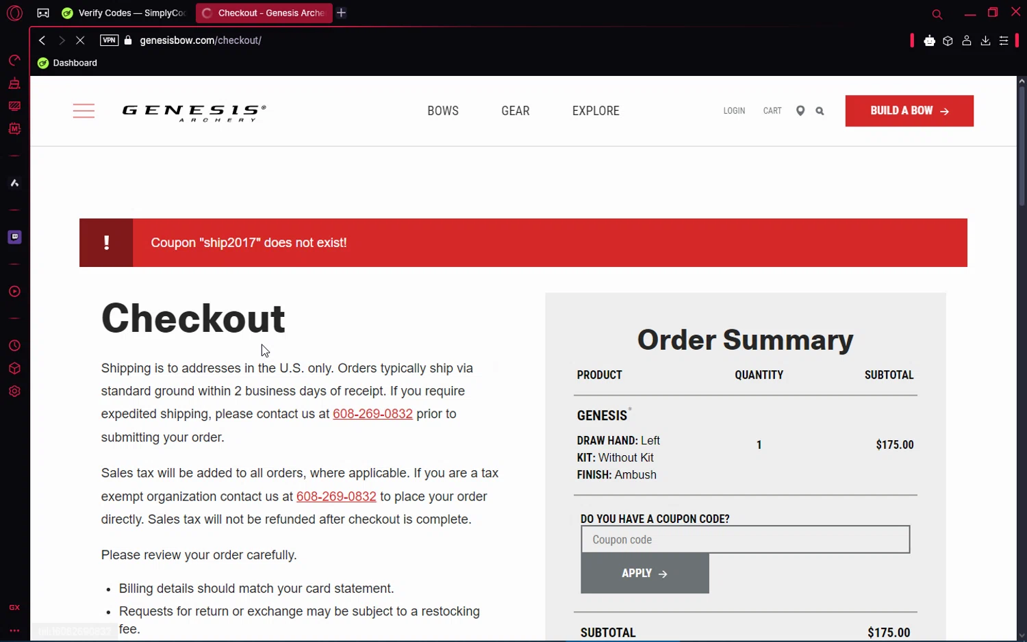 Genesis Archery coupon code screenshot showing code SHIP2017 applied at Genesis Archery checkout page. Uploaded by SimplyCodes community member jakeperro on Feb 15, 2025
