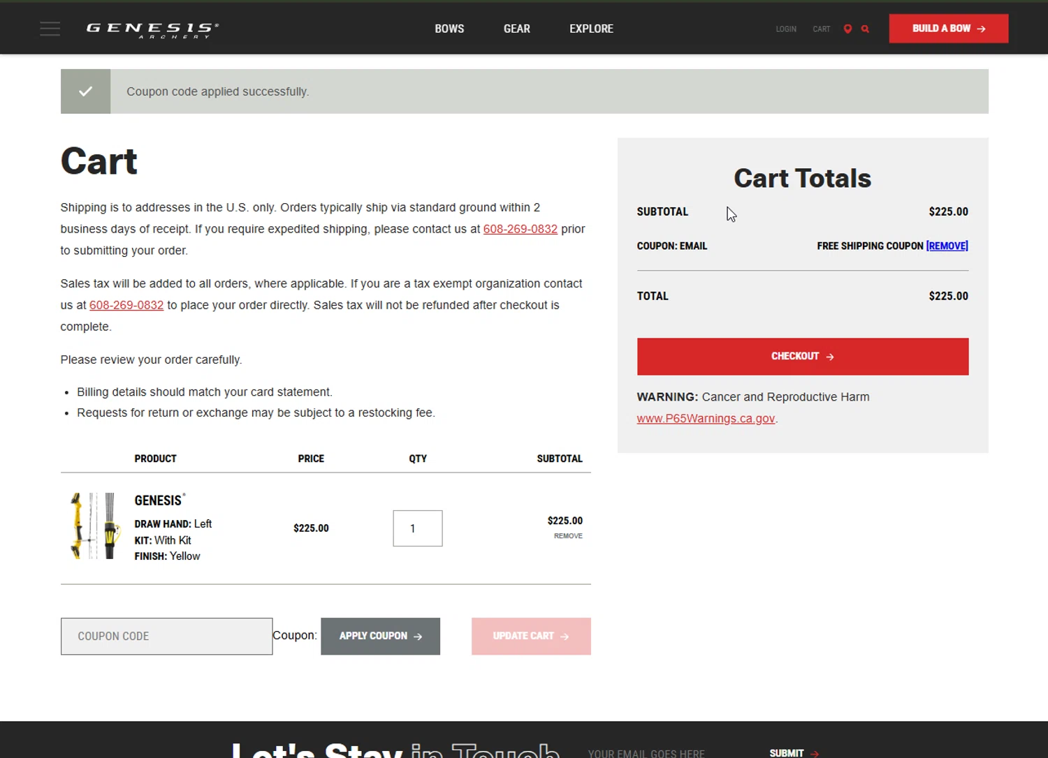 Genesis Archery checkout page showing Genesis Archery coupon code box | Screenshot taken by SimplyCodes community member on May 17, 2025