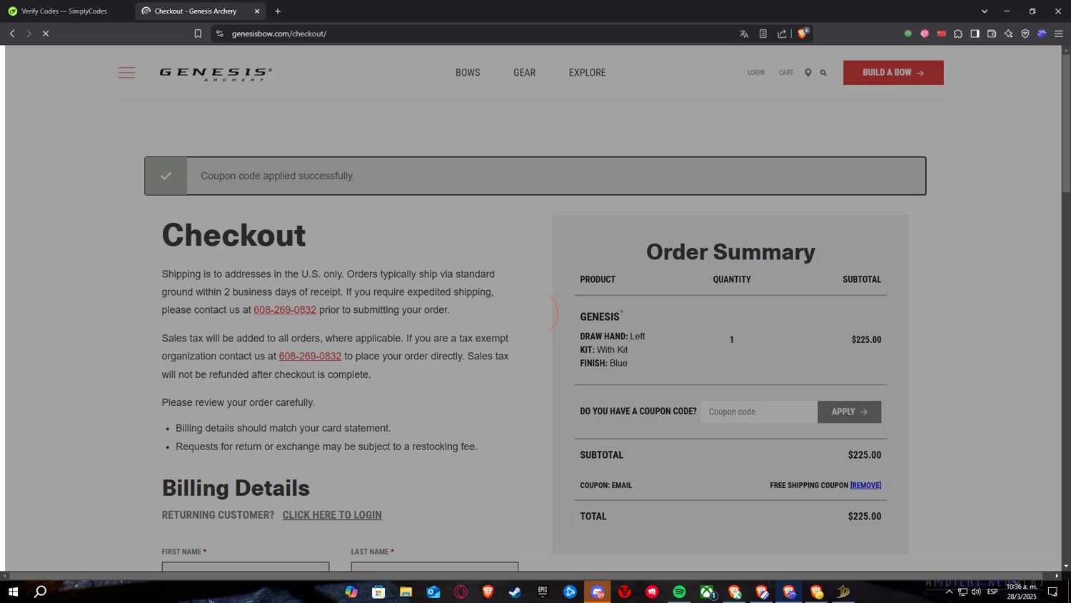 Genesis Archery checkout page showing Genesis Archery coupon code box | Screenshot taken by SimplyCodes community member on Mar 28, 2025