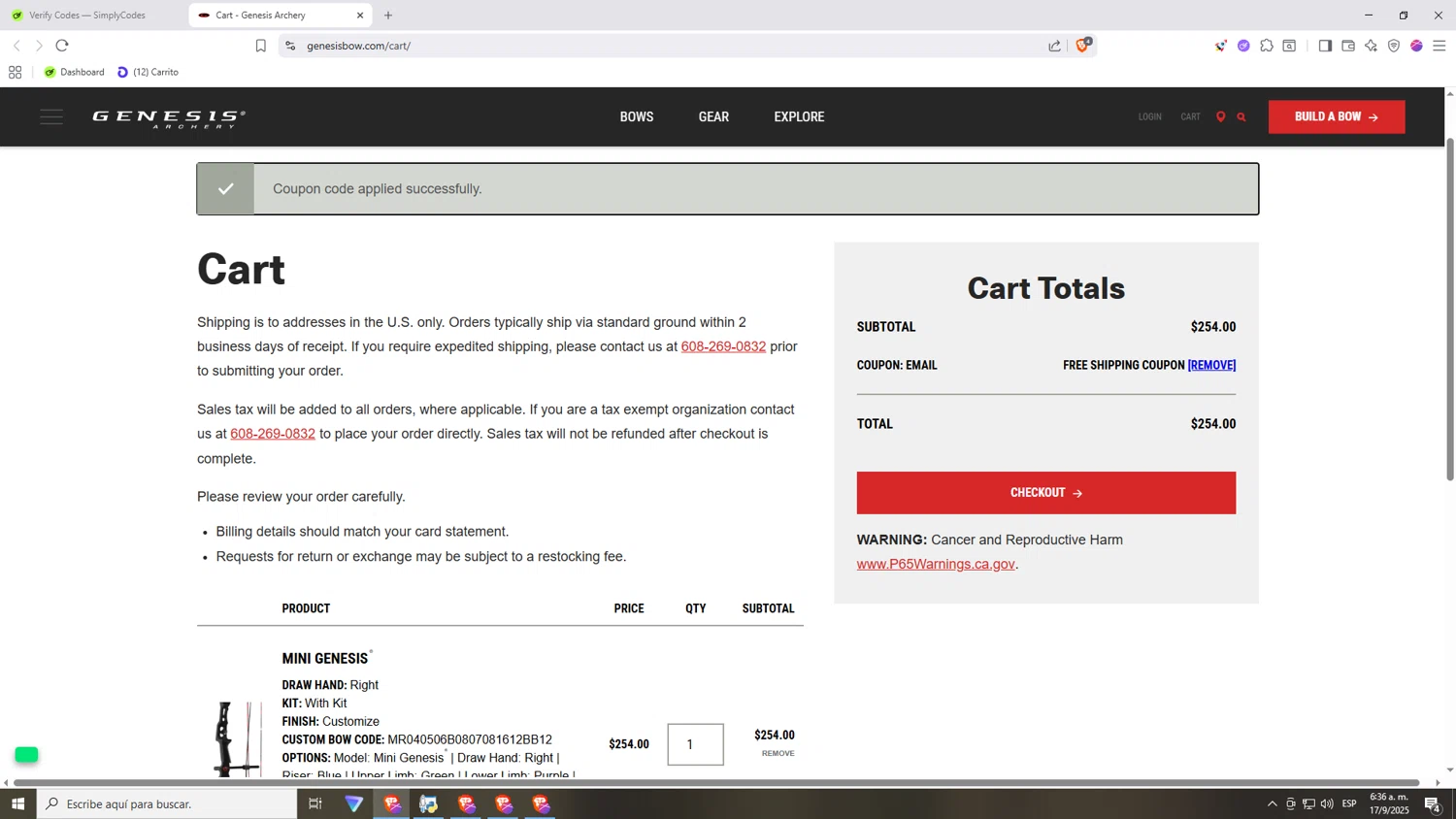 Genesis Archery coupon code screenshot showing code EMAIL applied at Genesis Archery checkout page. Uploaded by SimplyCodes community member Nezukooo on Sep 17, 2025