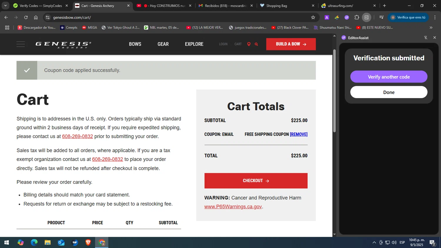 Genesis Archery checkout page showing Genesis Archery coupon code box | Screenshot taken by SimplyCodes community member on May 10, 2025