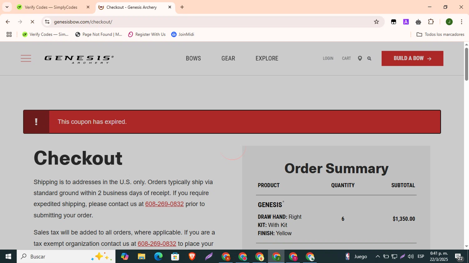 Genesis Archery coupon code screenshot showing code NASP2021 applied at Genesis Archery checkout page. Uploaded by SimplyCodes community member CleverBoss9743 on Mar 22, 2025
