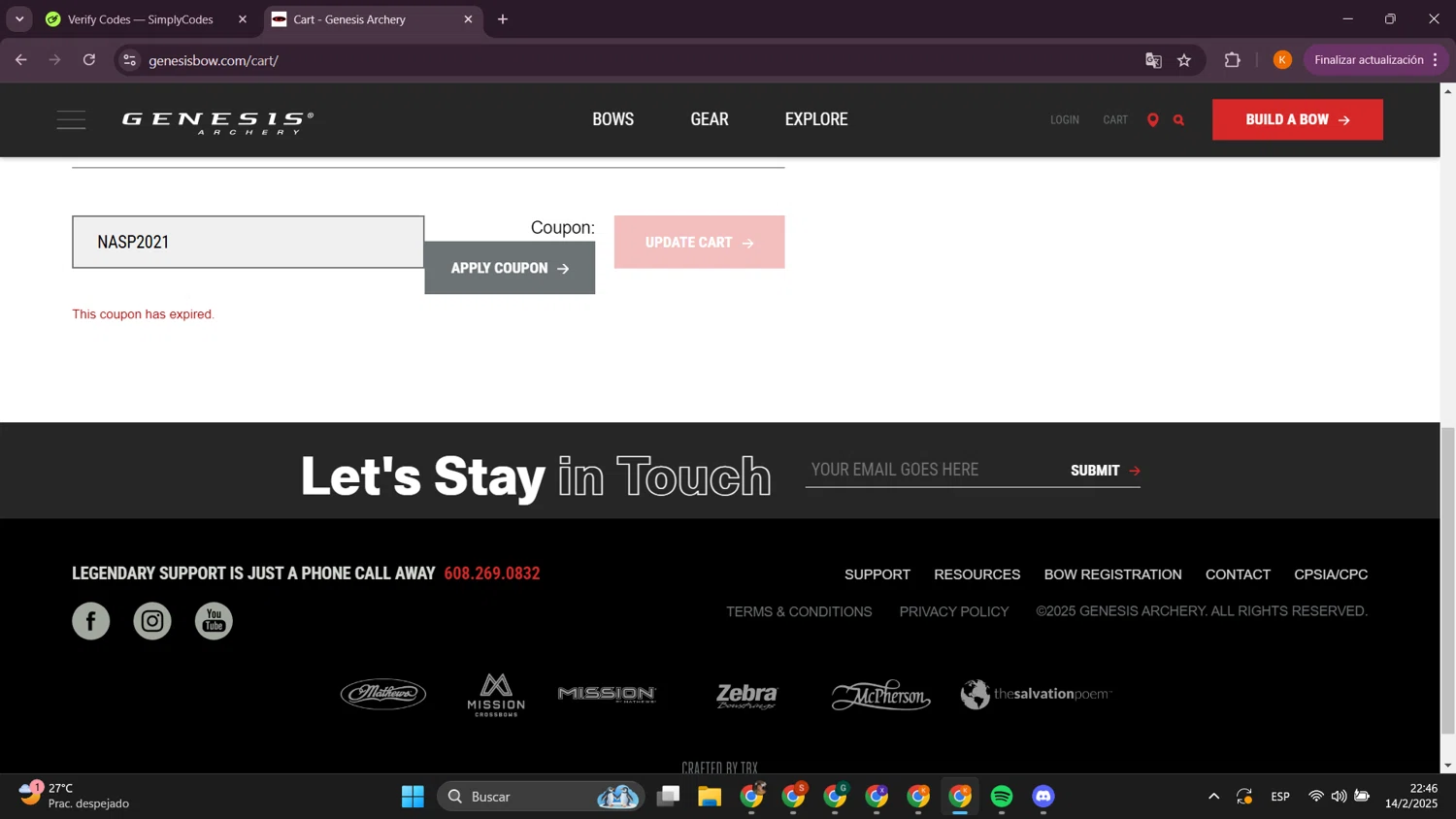 Genesis Archery coupon code screenshot showing code NASP2021 applied at Genesis Archery checkout page. Uploaded by SimplyCodes community member davidsalazar on Feb 15, 2025