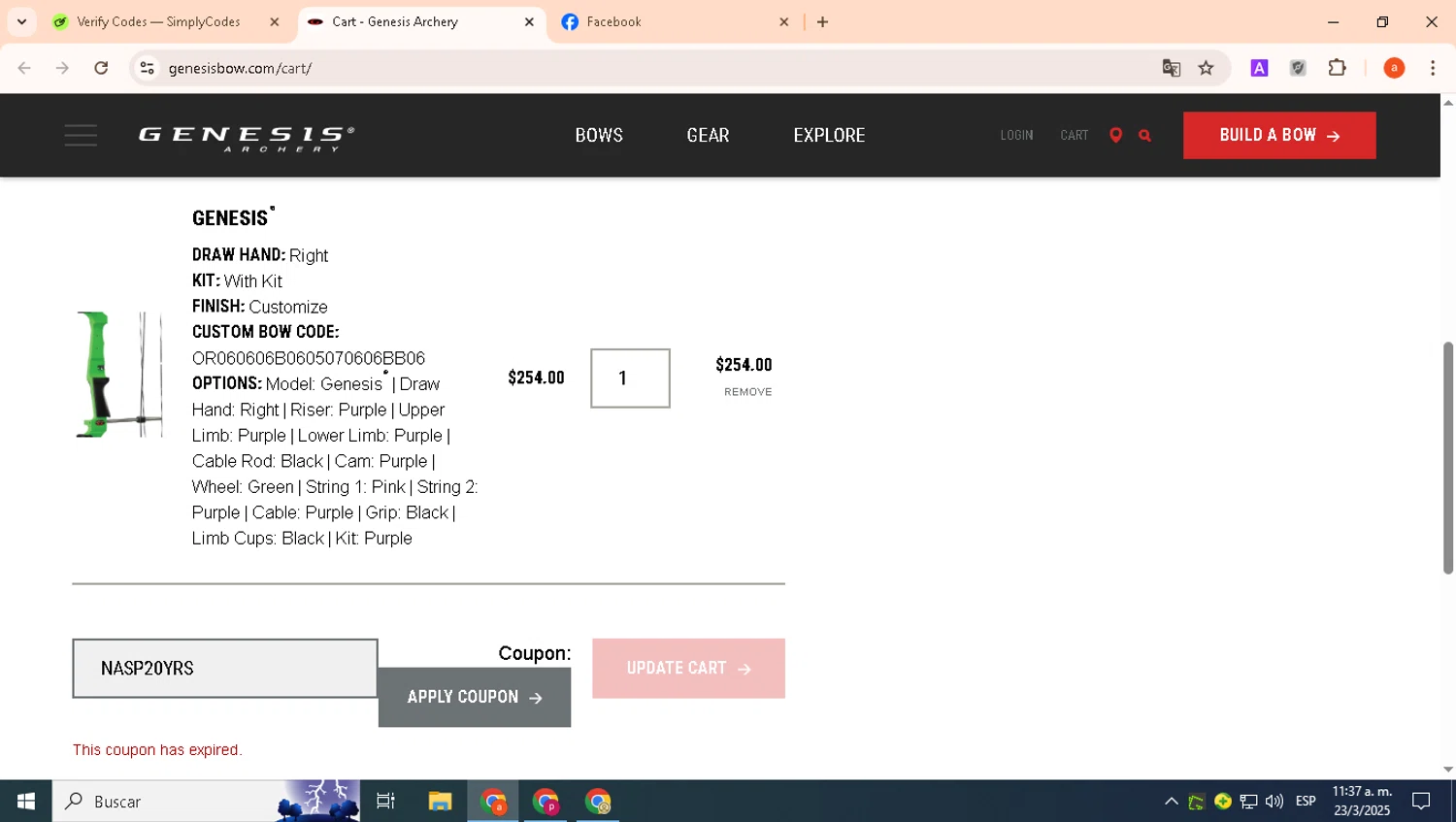 Genesis Archery coupon code screenshot showing code NASP20YRS applied at Genesis Archery checkout page. Uploaded by SimplyCodes community member bichota on Mar 23, 2025