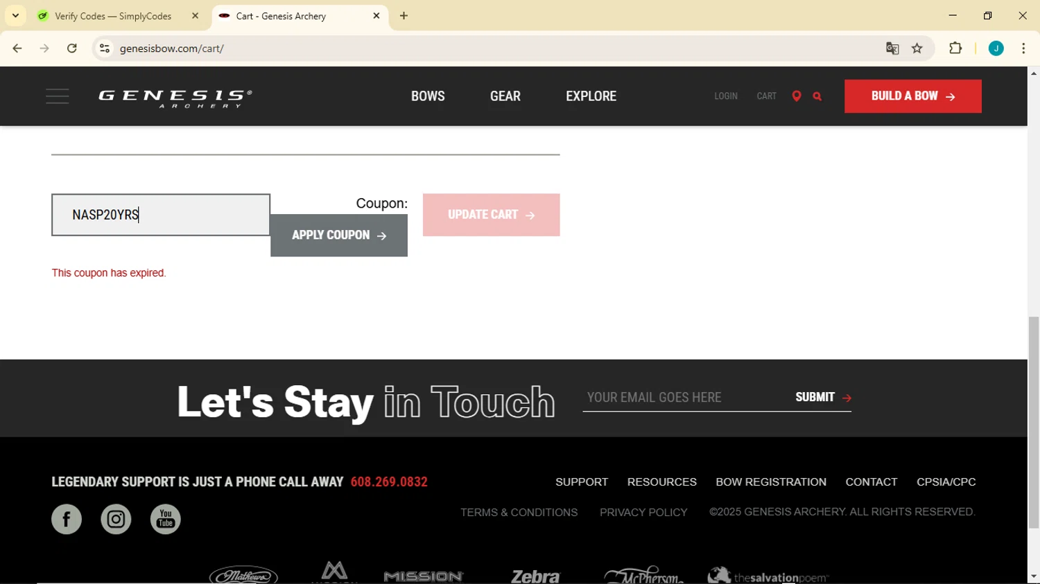 Genesis Archery coupon code screenshot showing code NASP20YRS applied at Genesis Archery checkout page. Uploaded by SimplyCodes community member GoldDefender3268 on Feb 6, 2025
