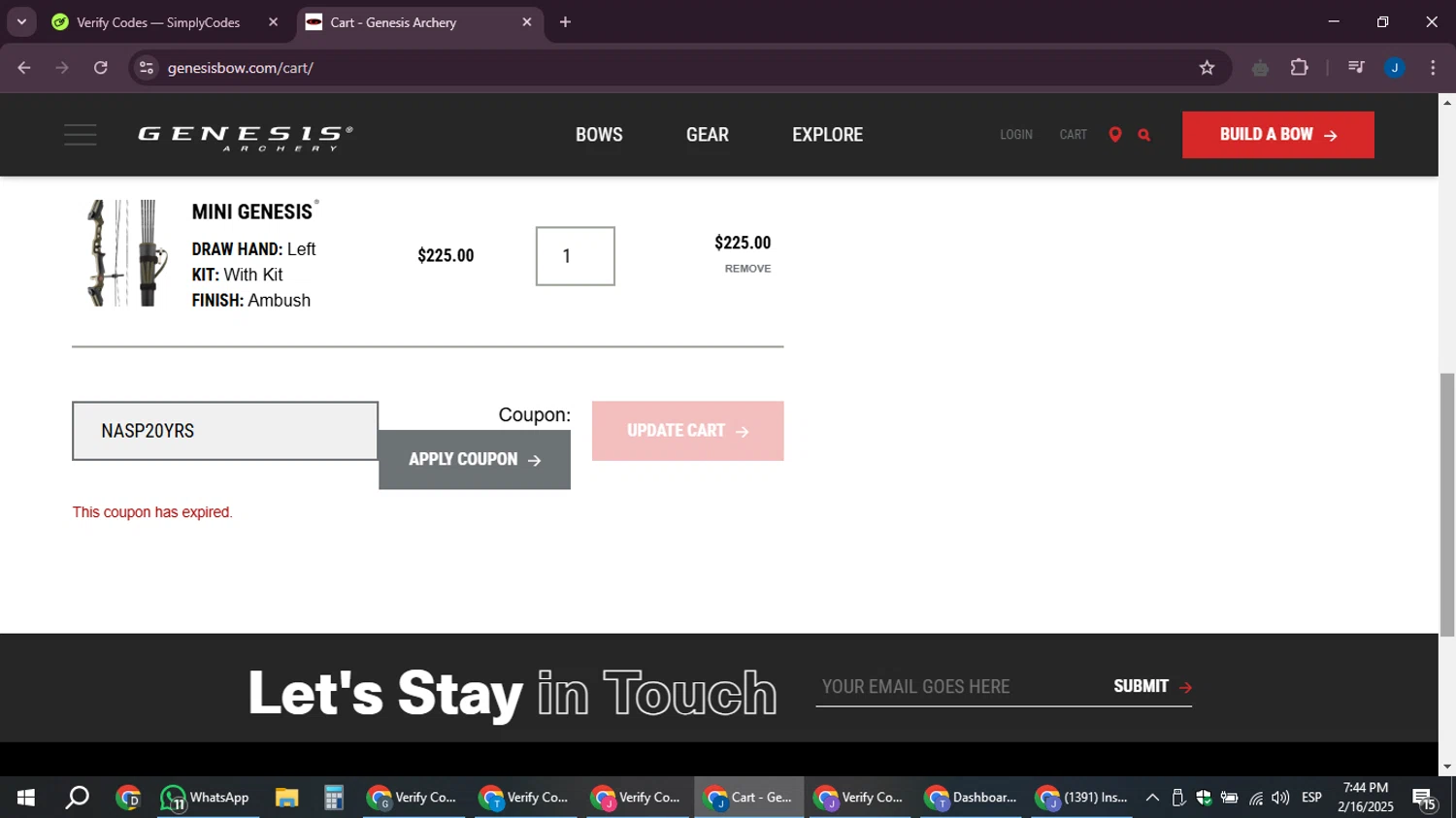 Genesis Archery coupon code screenshot showing code NASP20YRS applied at Genesis Archery checkout page. Uploaded by SimplyCodes community member noesmith34ur on Feb 16, 2025