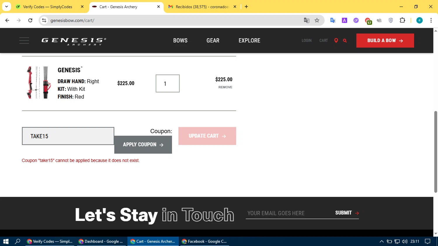 Genesis Archery coupon code screenshot showing code TAKE15 applied at Genesis Archery checkout page. Uploaded by SimplyCodes community member BonusVoyager4214 on Jul 26, 2025
