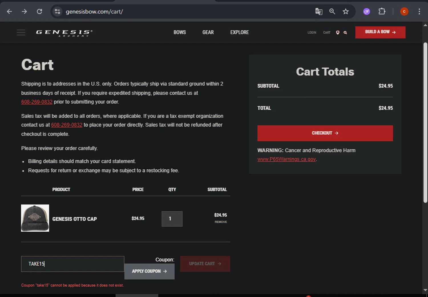 Genesis Archery coupon code screenshot showing code TAKE15 applied at Genesis Archery checkout page. Uploaded by SimplyCodes community member CashSage6731 on Jul 25, 2025