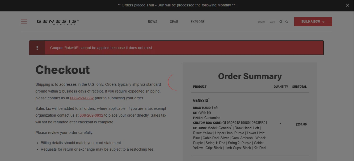 Genesis Archery coupon code screenshot showing code TAKE15 applied at Genesis Archery checkout page. Uploaded by SimplyCodes community member FundoSinai on Jul 26, 2025