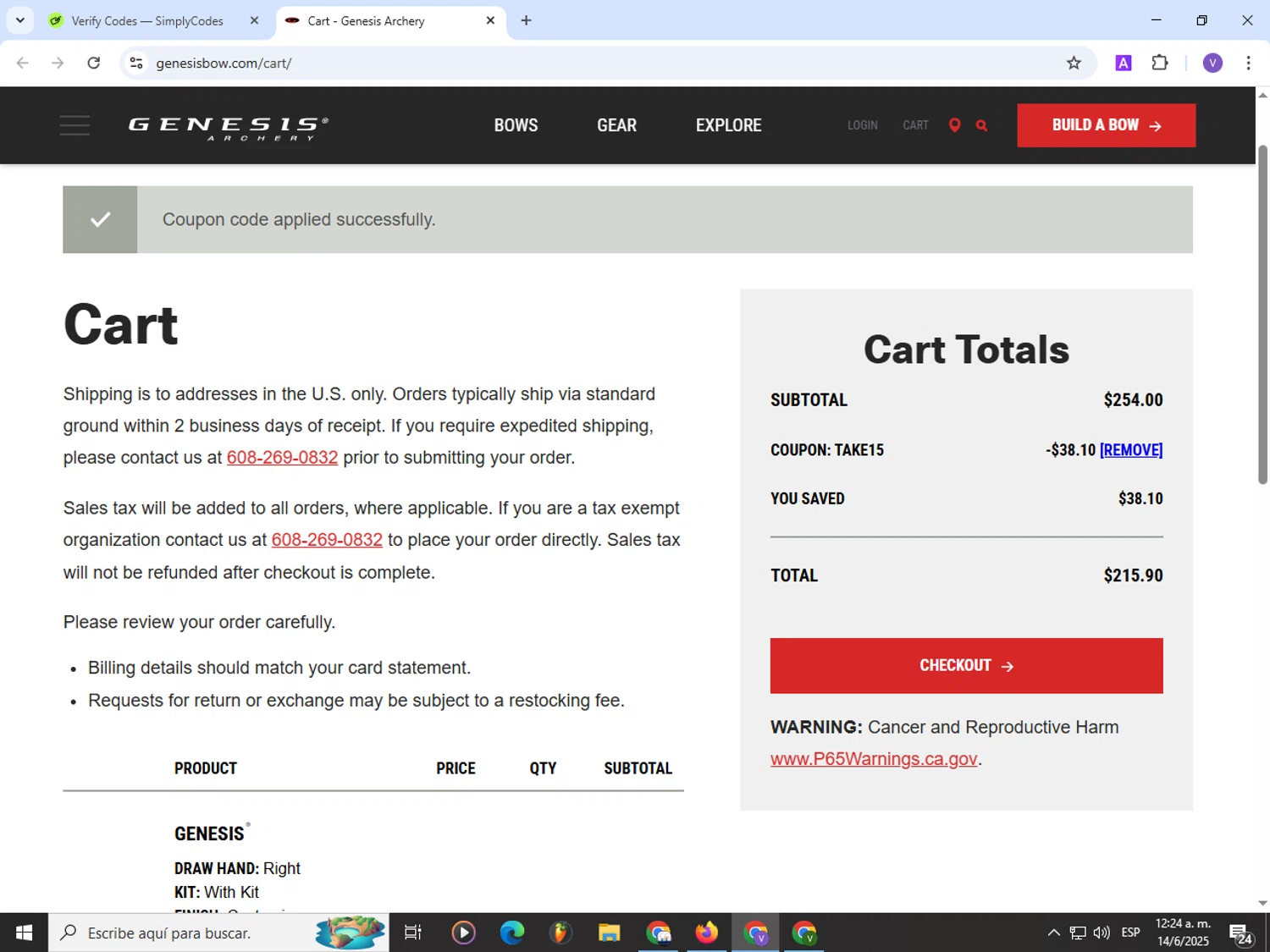 Genesis Archery checkout page showing Genesis Archery coupon code box | Screenshot taken by SimplyCodes community member on Jun 14, 2025