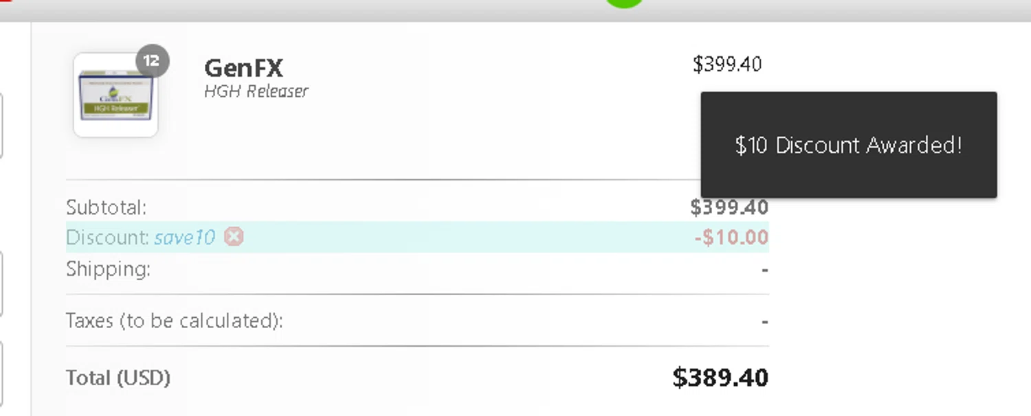 GenFX promo code screenshot showing code SAVE10 applied at GenFX checkout page. Uploaded by SimplyCodes community member Netheryno on Jan 23, 2025