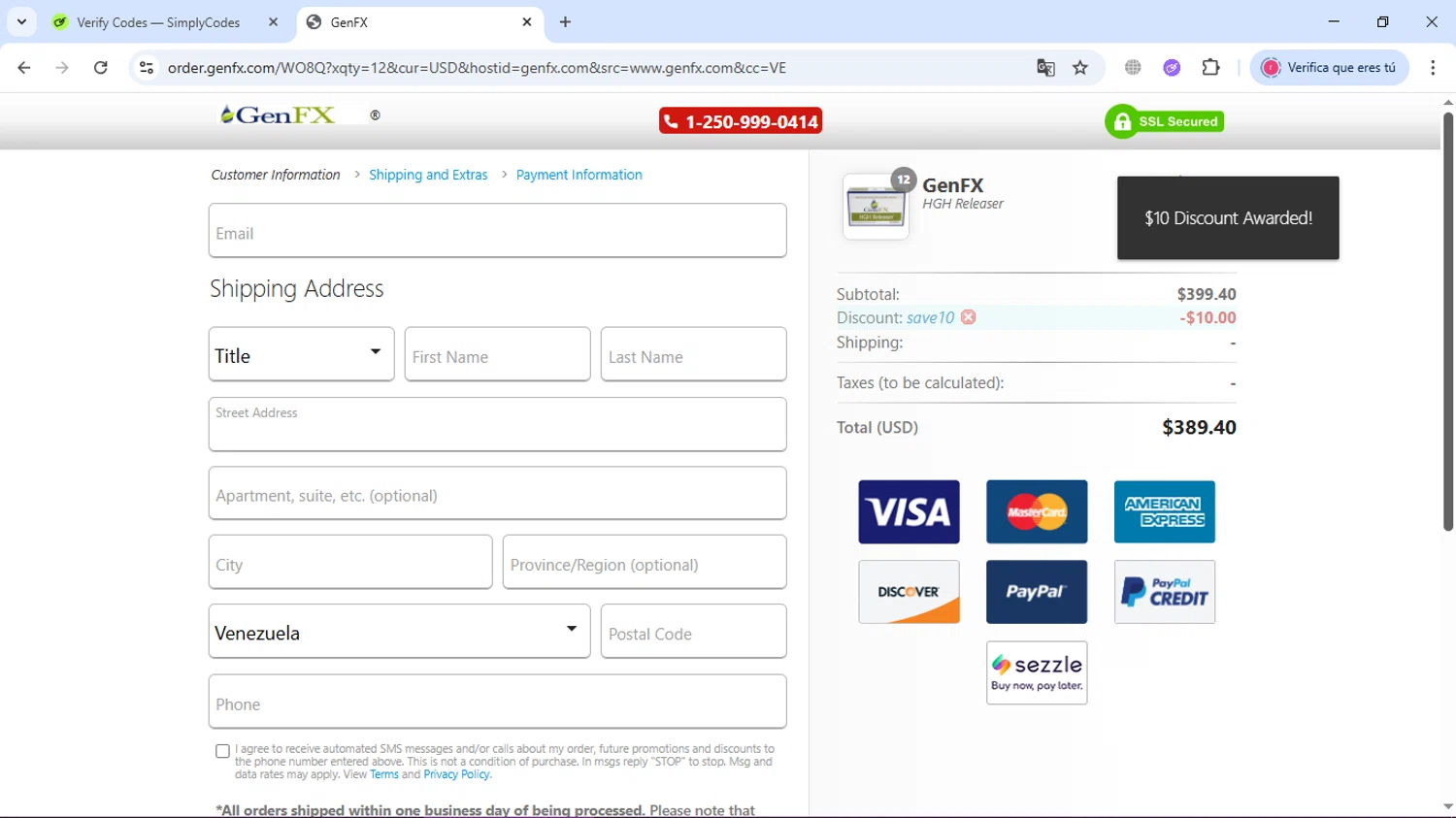 GenFX promo code screenshot showing code SAVE10 applied at GenFX checkout page. Uploaded by SimplyCodes community member Ronny50 on Aug 11, 2025