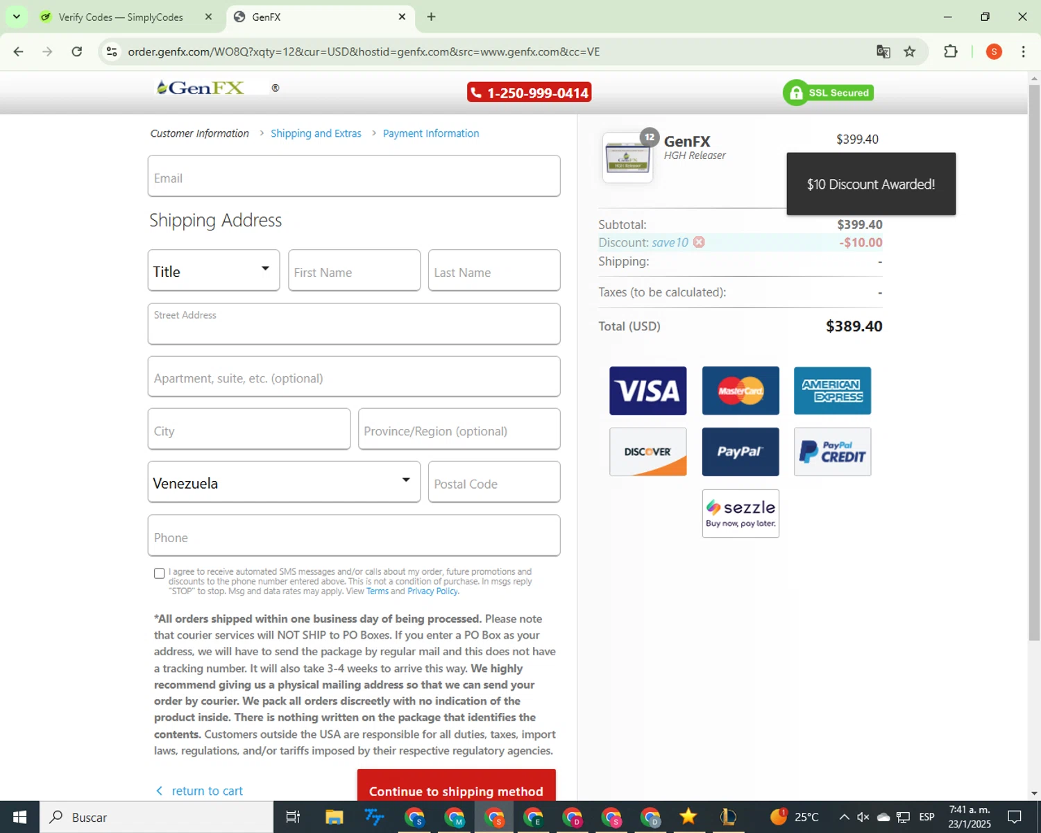 GenFX promo code screenshot showing code SAVE10 applied at GenFX checkout page. Uploaded by SimplyCodes community member CrownBoss9623 on Jan 23, 2025