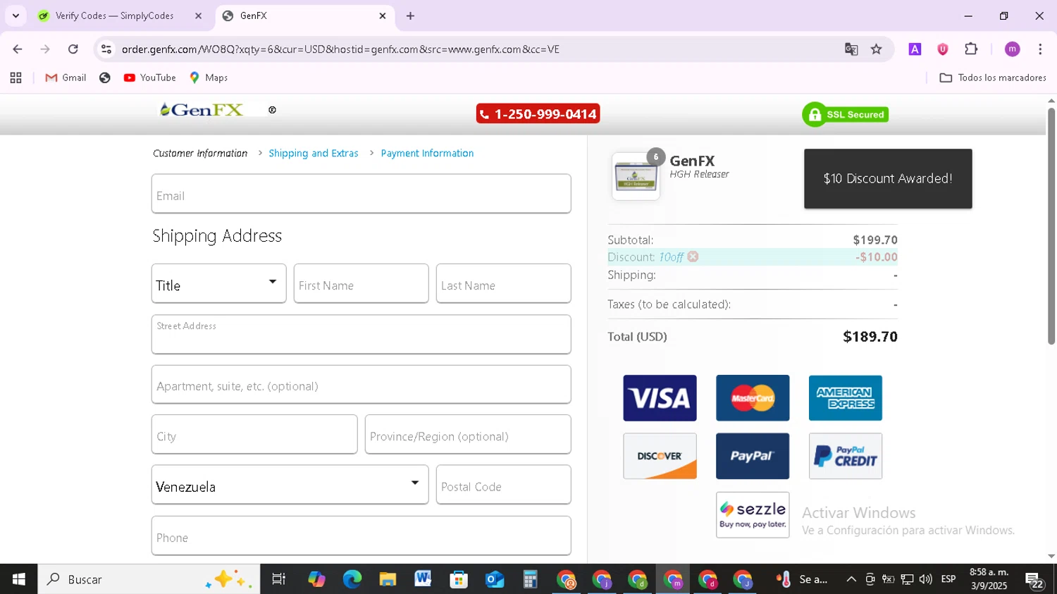 GenFX promo code screenshot showing code 10OFF applied at GenFX checkout page. Uploaded by SimplyCodes community member BudgetMonarch8952 on Sep 3, 2025