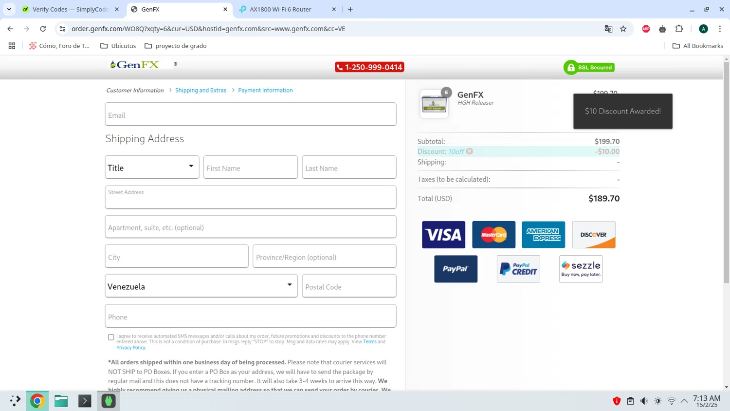 GenFX promo code screenshot showing code 10OFF applied at GenFX checkout page. Uploaded by SimplyCodes community member admeneses on Feb 15, 2025