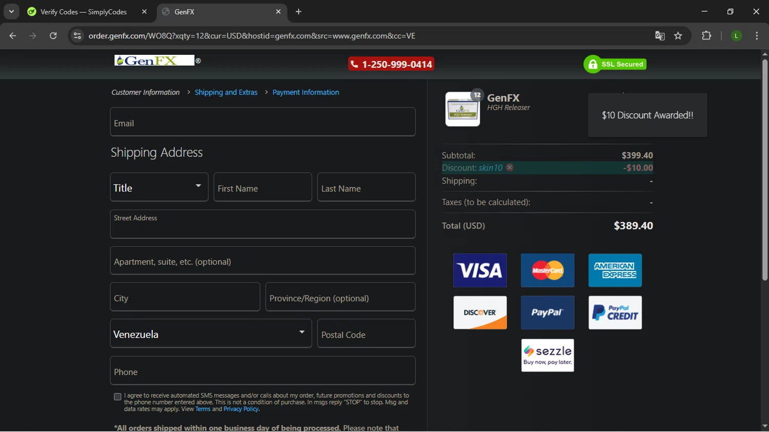 GenFX promo code screenshot showing code SKIN10 applied at GenFX checkout page. Uploaded by SimplyCodes community member DUCATI on Apr 15, 2025
