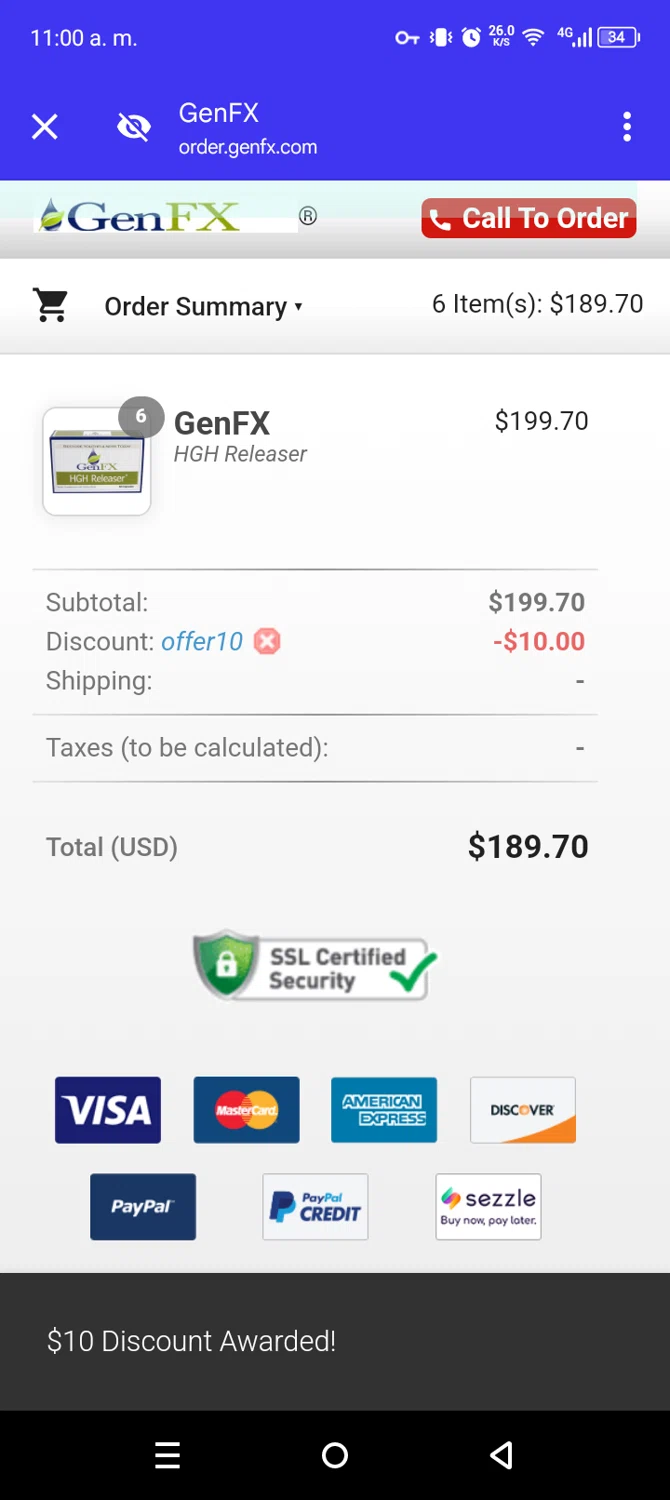 GenFX promo code screenshot showing code OFFER10 applied at GenFX checkout page. Uploaded by SimplyCodes community member Calorcito on Jan 17, 2025