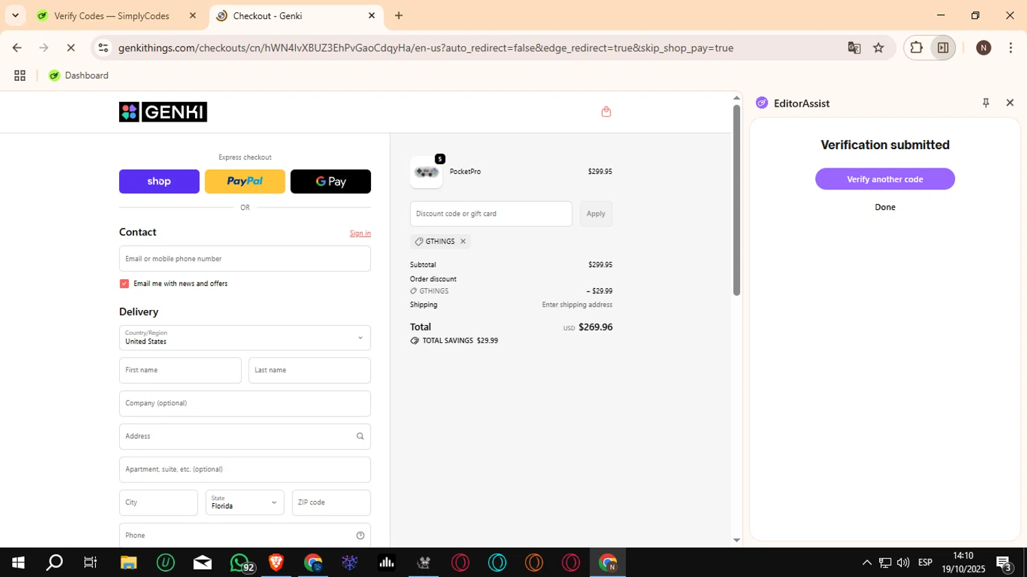 GENKI promo code screenshot showing code GTHINGS applied at GENKI checkout page. Uploaded by SimplyCodes community member Crchirino1 on Oct 19, 2025