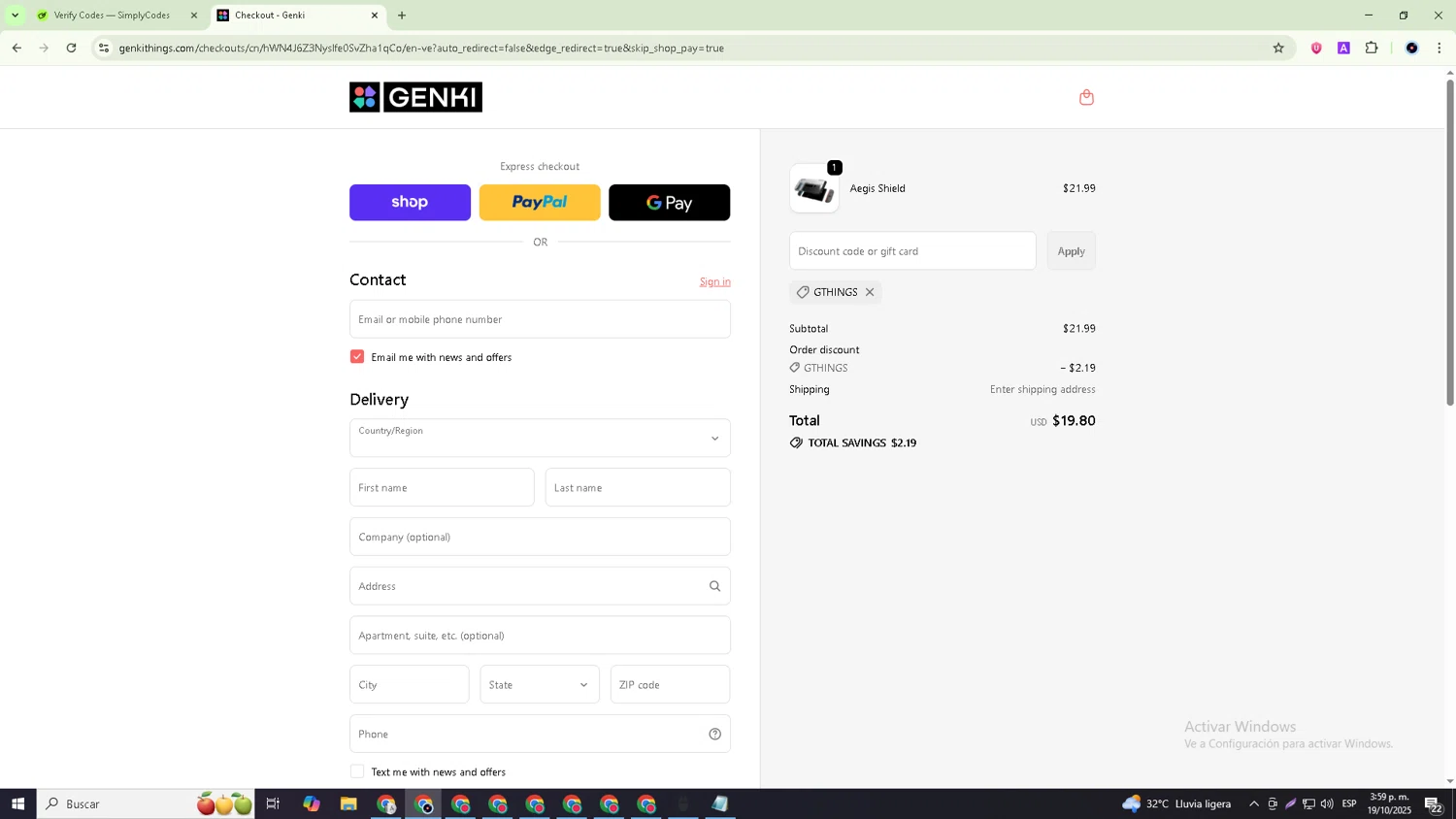 GENKI promo code screenshot showing code GTHINGS applied at GENKI checkout page. Uploaded by SimplyCodes community member GoldRanger7074 on Oct 19, 2025