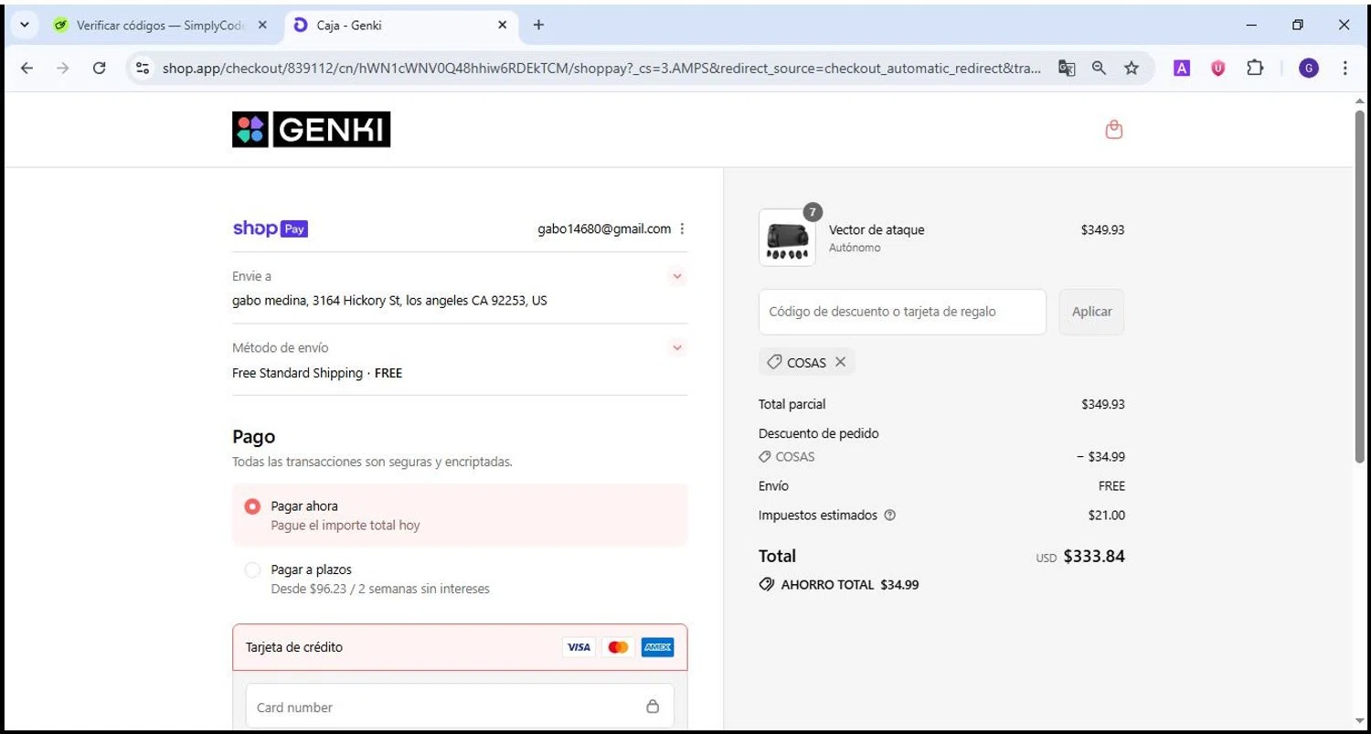 GENKI promo code screenshot showing code GTHINGS applied at GENKI checkout page. Uploaded by SimplyCodes community member Theking on Aug 10, 2025