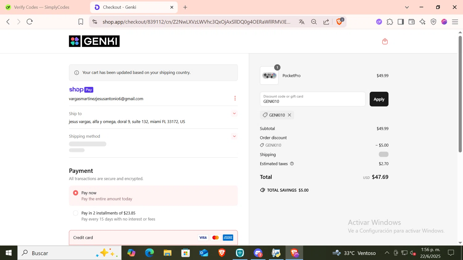 GENKI promo code screenshot showing code GENKI10 applied at GENKI checkout page. Uploaded by SimplyCodes community member CODMOBILE1 on Jun 22, 2025