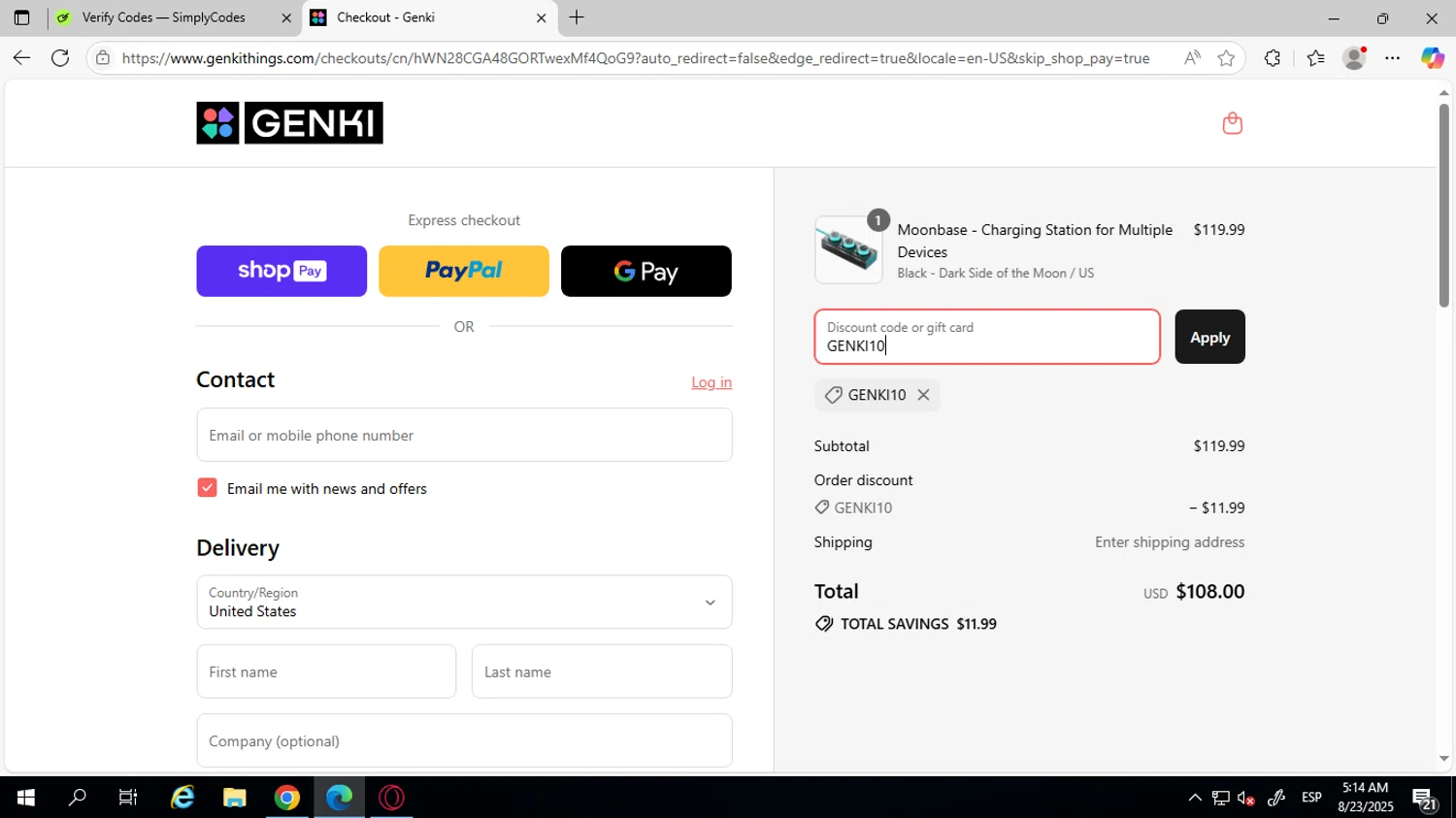 GENKI promo code screenshot showing code GENKI10 applied at GENKI checkout page. Uploaded by SimplyCodes community member SilverVirtuoso7221 on Aug 23, 2025