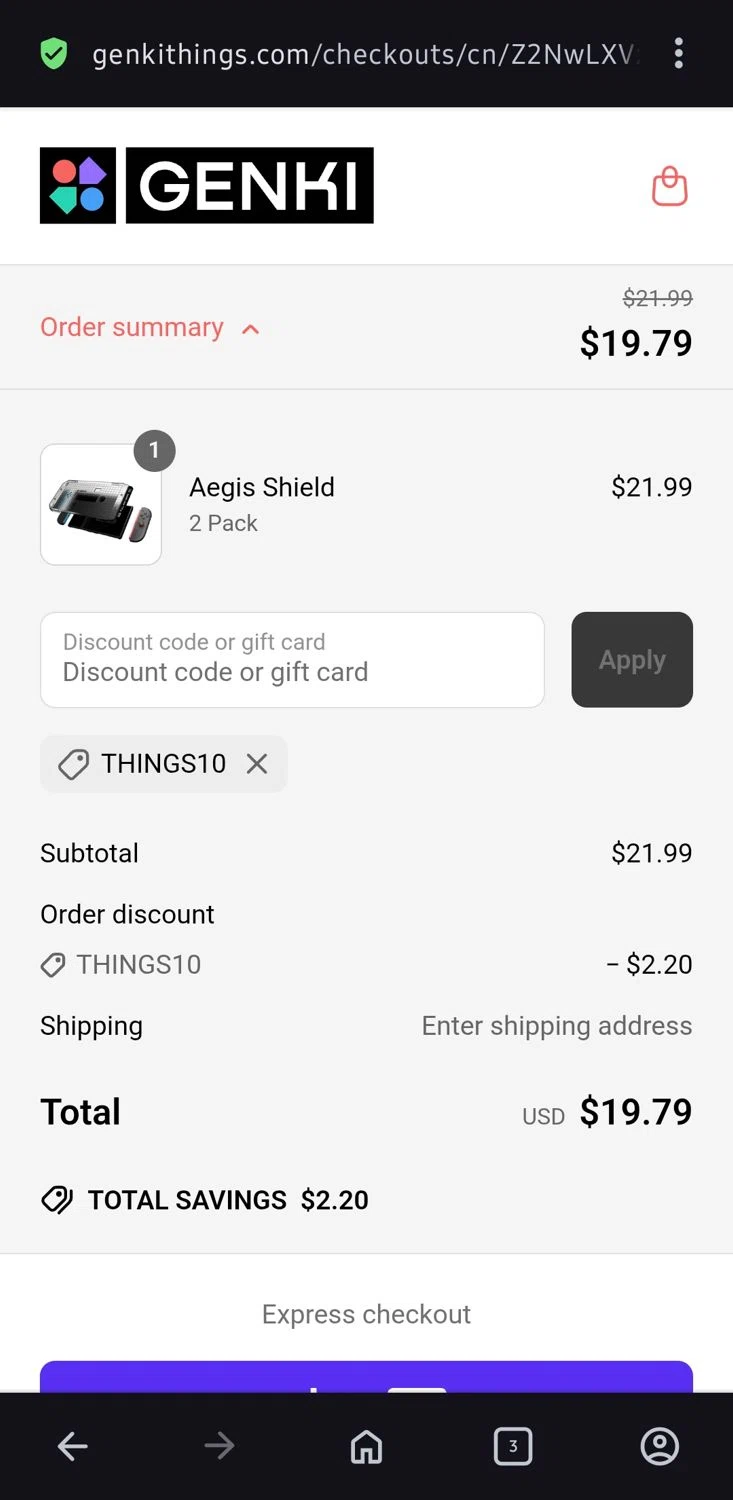 GENKI promo code screenshot showing code THINGS10 applied at GENKI checkout page. Uploaded by SimplyCodes community member Charly2607 on Jun 19, 2025