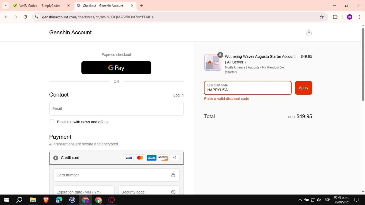 Genshin Account discount code screenshot showing code HAPPYUSA applied at Genshin Account checkout page. Uploaded by SimplyCodes community member VictoriousCurator6515 on Aug 30, 2025