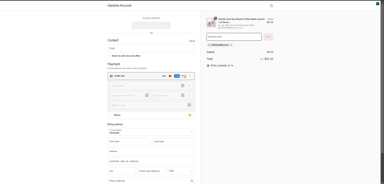 Genshin Account discount code screenshot showing code SPRINGBREAK24 applied at Genshin Account checkout page. Uploaded by SimplyCodes community member RINITOSHI on Apr 4, 2025