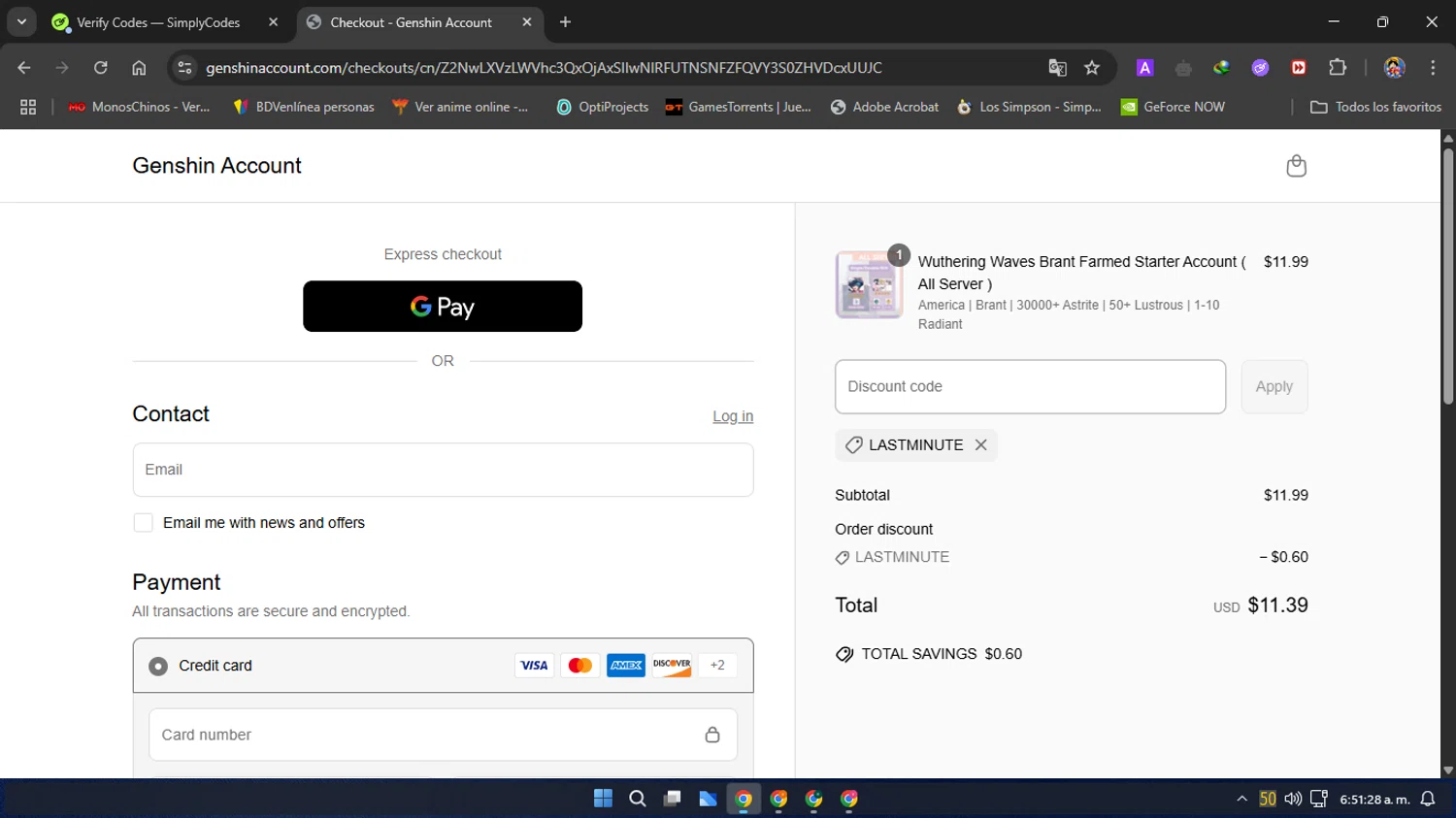 Genshin Account discount code screenshot showing code LASTMINUTE applied at Genshin Account checkout page. Uploaded by SimplyCodes community member ThriftyTitan4052 on Apr 4, 2025