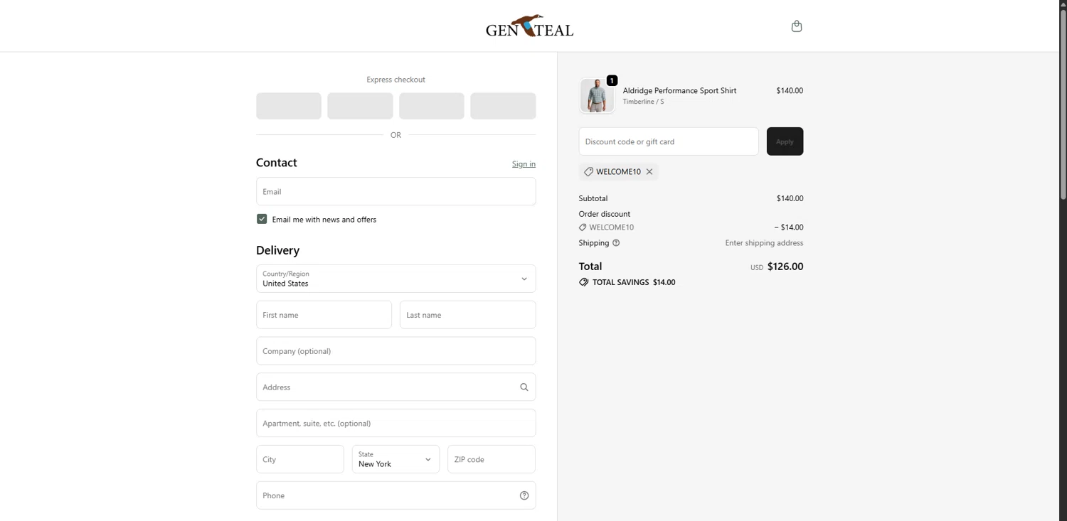 GenTeal Apparel discount code screenshot showing code WELCOME10 applied at GenTeal Apparel checkout page. Uploaded by SimplyCodes community member Carlosramirez09 on Oct 19, 2025