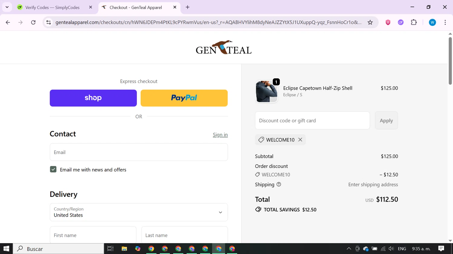 GenTeal Apparel discount code screenshot showing code WELCOME10 applied at GenTeal Apparel checkout page. Uploaded by SimplyCodes community member CrownShopper7142 on Dec 11, 2025