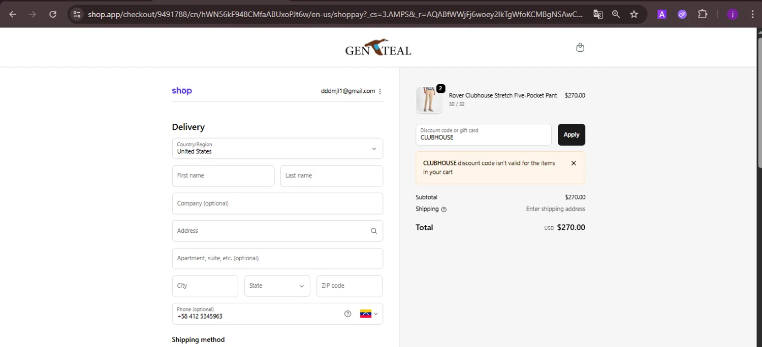 GenTeal Apparel discount code screenshot showing code CLUBHOUSE applied at GenTeal Apparel checkout page. Uploaded by SimplyCodes community member CoinMaverick1452 on Nov 9, 2025