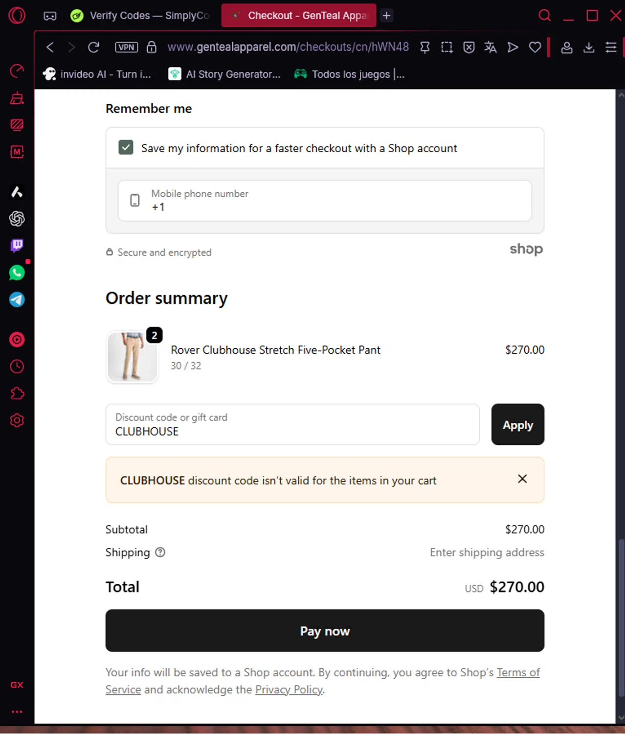 GenTeal Apparel discount code screenshot showing code CLUBHOUSE applied at GenTeal Apparel checkout page. Uploaded by SimplyCodes community member SavvyWizard7346 on Oct 15, 2025