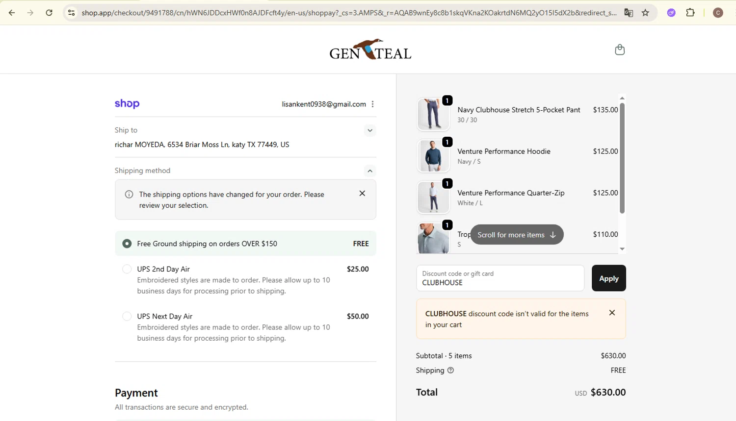GenTeal Apparel discount code screenshot showing code CLUBHOUSE applied at GenTeal Apparel checkout page. Uploaded by SimplyCodes community member carlosra07 on Dec 11, 2025