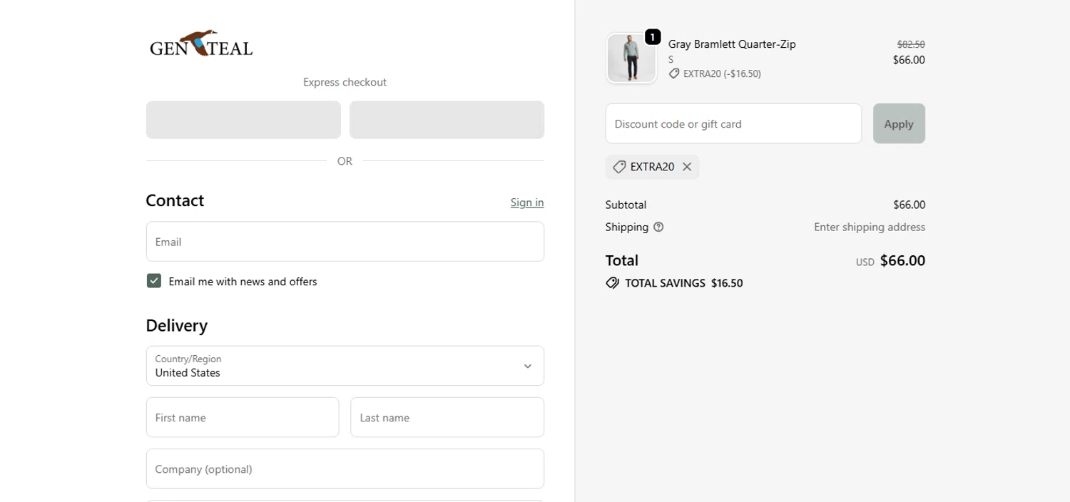 GenTeal Apparel discount code screenshot showing code EXTRA20 applied at GenTeal Apparel checkout page. Uploaded by SimplyCodes community member juanisaac on Feb 4, 2026
