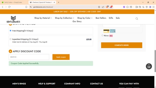 gentlebands checkout page showing gentlebands coupon code box | Screenshot taken by SimplyCodes community member on Aug 23, 2025