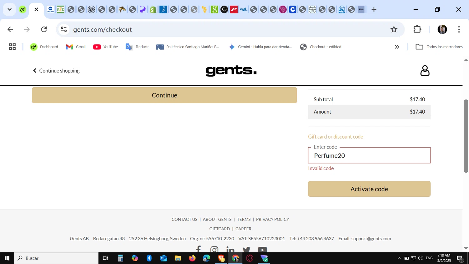 Gents. discount code screenshot showing code Perfume20 applied at Gents. checkout page. Uploaded by SimplyCodes community member KataldoMustafack on Mar 9, 2025