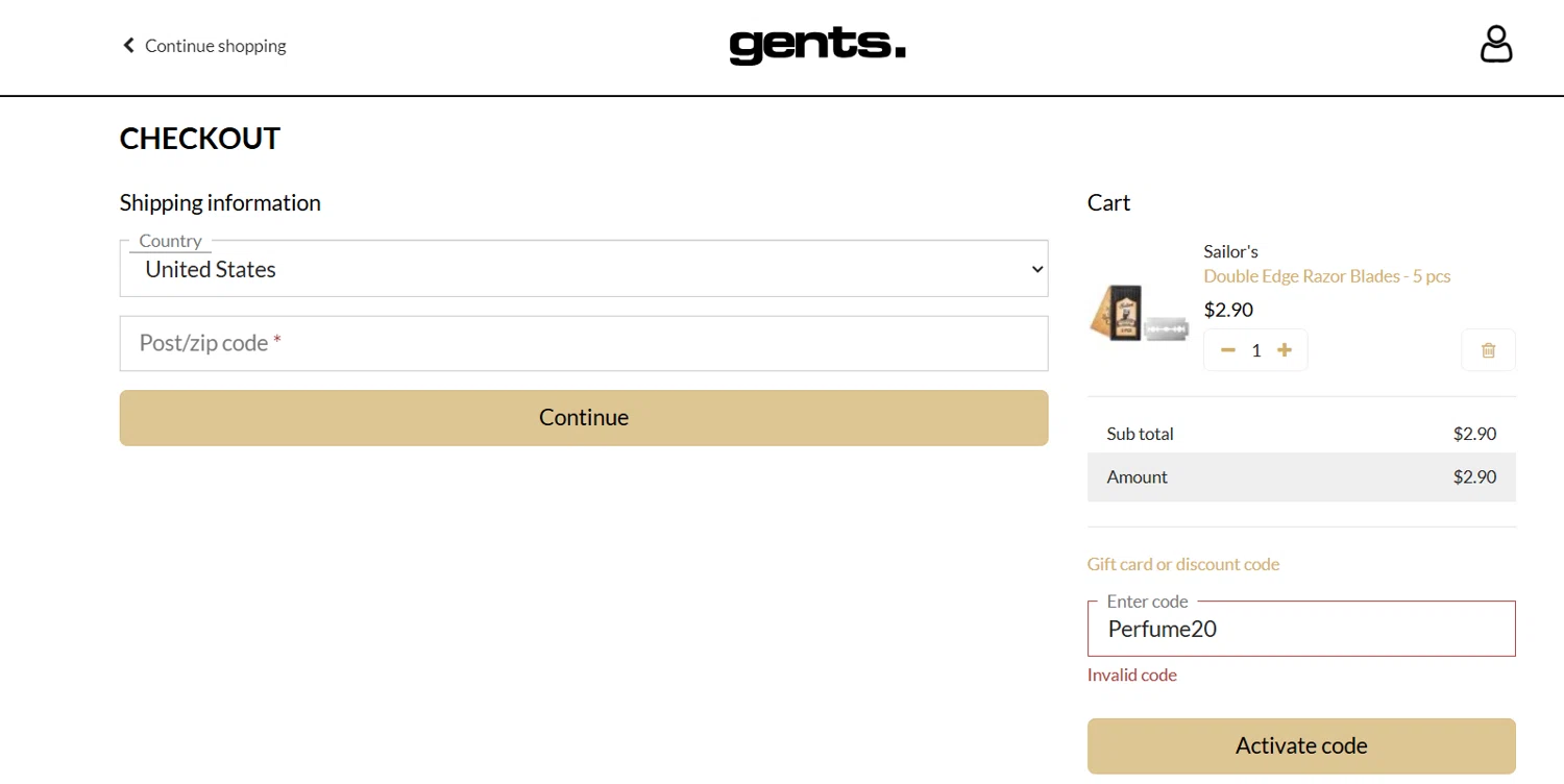 Gents. discount code screenshot showing code Perfume20 applied at Gents. checkout page. Uploaded by SimplyCodes community member lukeCallahannn on Mar 9, 2025