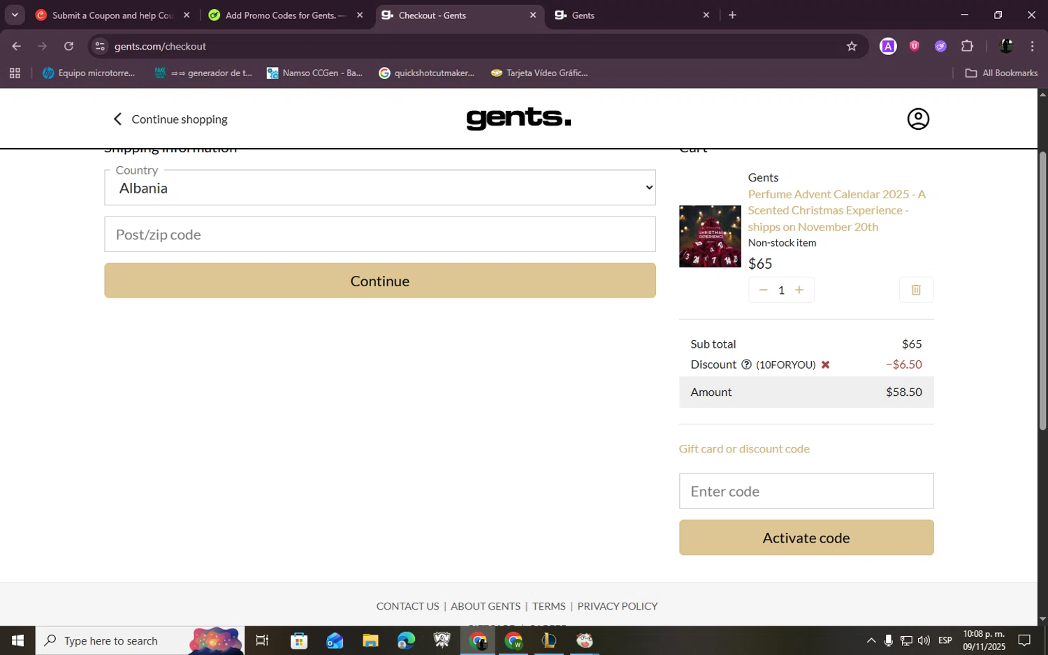 Gents. discount code screenshot showing code 10FORYOU applied at Gents. checkout page. Uploaded by SimplyCodes community member MARICORI on Nov 10, 2025