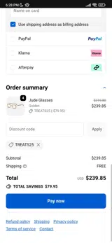 TREATS25 coupon verification screenshot